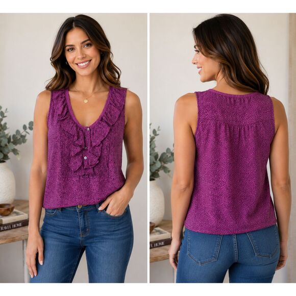 Banana Republic Tops - Banana Republic Berry Sleeveless Ruffle & Pintuck Front V-neck Lined Top Size S